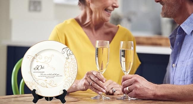 50th Anniversary Wedding Gifts for Couples Parents - 50 Year Marriage Plate with 24k Gold Foil, Golden Keepsake Gift, Ceramic 9 inch