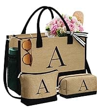YOOLIFE Beach Bags for Women - Initial Canvas Tote Waterproof Bag with Makeup Bag Gifts for Women Mom Friend Birthday Her