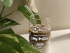 Best Friend Birthday Gifts for Women Friendship - Happy Birthday to My Bestie Glass Cups with Lids and Straws, Funny Presents for Bff Friends Coworkers Unique, Cute Iced Coffee Cup, 16 oz
