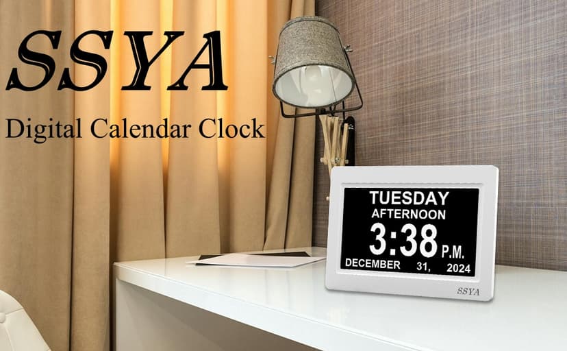 SSYA Digital Calendar Alarm Clock - Dementia Clocks for Seniors, Non-Abbreviated Memory Loss Clock with Date and Time for Elderly (White)
