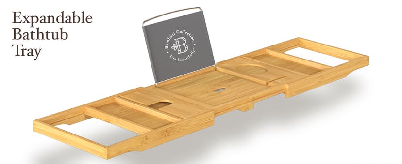 Bathtub Tray - Expandable Bamboo Bath Tray for Tub with Wine Glass Holder, Book & Tablet Stand - Wooden Bathtub Caddy Tray Table for Bathroom Accessories, Spa Relaxation, Housewarming & Wedding Gift
