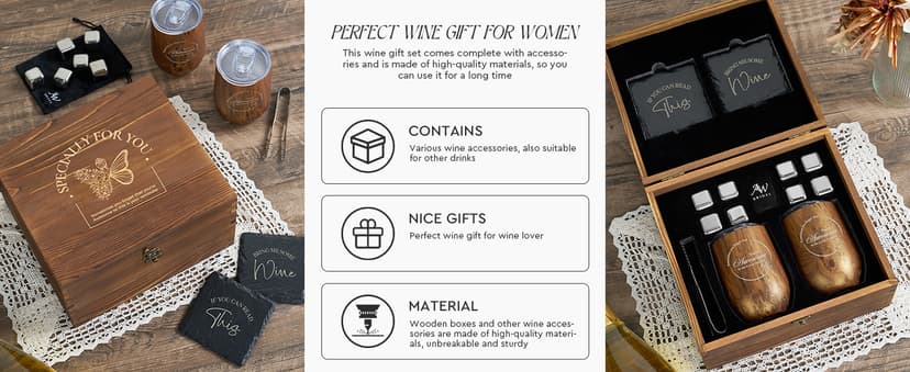 Wine Lovers Gifts for Women, Birthday Gifts for Mom Sister Friend Coworker Girlfriend Inspirational Gift Set, Wine Gift Box Set with Tumblers, Ice Cubes