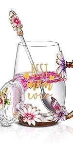 Luka Tech Enamel flower Lead-free Glass Coffee Mugs Tea Cup with Steel Spoon, Best Birthday Gifts For Women Wife Mom Friends Mothers Valentines Day Christmas