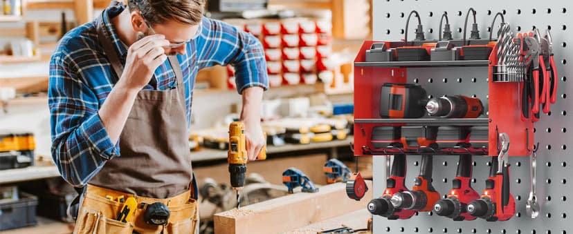 CCCEI Modular Power Tool Organizer Wall Mount with Charging Station. Garage 4 Drill Storage Shelf with Hooks, Screwdriver, Drill Bit Heavy Duty Rack, Tool Battery Holder Built in 8 Outlet Power Strip.