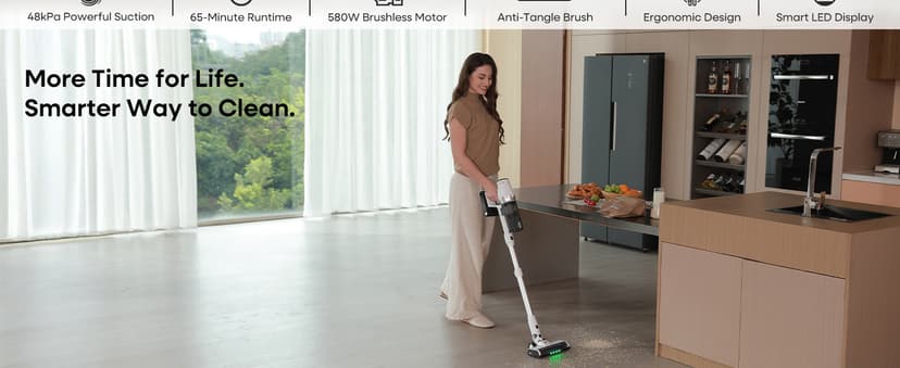 ElecKeys Cordless Vacuum Cleaner, 580W 48KPA 65Mins Vacuum Cleaners for Home, Self-Standing Anti-Tangle Vacuum with LED Display, Rechargeable, Lightweight, Cordless Vacuum for Floors/Pet Hair/Carpets