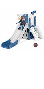 XJD 6-in-1 Toddler Slide and Swing Set, Kids Slide for Toddlers Age 1+, Toddler Outdoor Playset with Basketball Hoop, Football Frame, Swing, Outdoor Indoor Playground for Toddlers 1-3 (Pink)