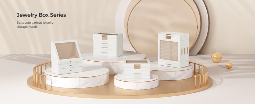 SONGMICS Jewelry Box Organizer with Glass Lid, 3-Layer Jewelry Storage, with 2 Drawers, Modern Style, Christmas Gift, 8 x 9.1 x 5.3 Inches, Cloud White and Gold Color UJBC239WT