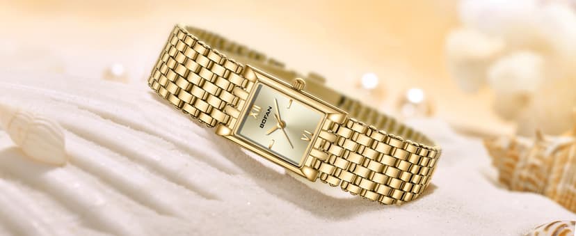 BOFAN Gold Watches for Women Luxury Ladies Quartz Wrist Watch with Stainless Steel Bracelet,Waterproof,Casual Fashion Square Dial.Band Adjustment Tool Included