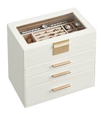 SONGMICS Jewelry Box Organizer with Glass Lid, 3-Layer Jewelry Storage, with 2 Drawers, Modern Style, Christmas Gift, 8 x 9.1 x 5.3 Inches, Cloud White and Gold Color UJBC239WT