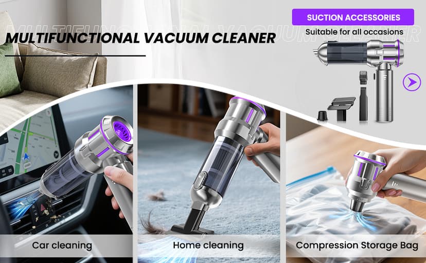 Handheld Vacuum Cordless, 28000Pa 4 in 1 Car Vacuum Portable Cordless, One-Touch Dust Removal, 3-Speed Brushless Motor Mini Vacuum, Ideal for Home, Car, Office, and Pet Hair Cleanup, Silver