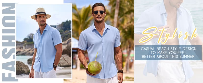 COOFANDY Men's Linen Shirts Short Sleeve Casual Shirts Button Down Shirt for Men Beach Summer Wedding Shirt