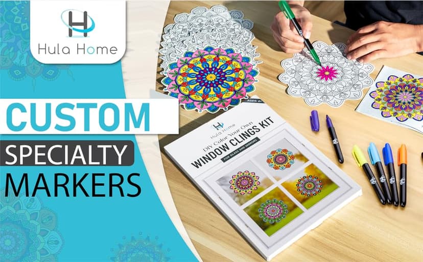 Hula Home Stained Glass Mandala Art Kit - DIY Window Clings with Markers, 10 Suncatchers - Perfect Hobby for Adults, Kids, Teens & Seniors - Ideal Gift for Beginners, Women & Elderly