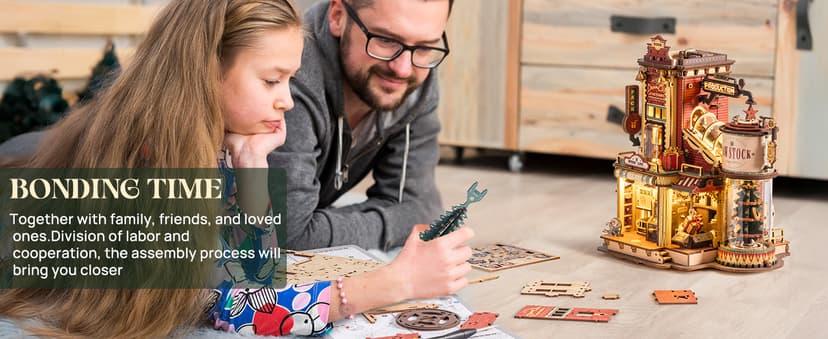 ROKR 3D Puzzle for Adults Christmas Style Dream Gift Factory Wooden Model Kit Luminous Factory DIY Dollhouse Kit Building with Music, Lights and 5 Elves for Teens & Kids