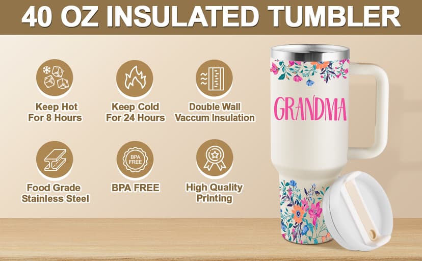 Grandma Gifts Birthday Gifts for Grandma Great Grandmother Gift Ideas Best Grandmother Gift from Granddaughter Grandson for Mothers Day Christmas 40oz Travel Cup Insulated Tumbler with Lid & Straw