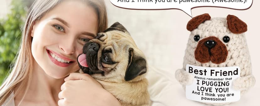 Positive Crochet Animals Puppy for Mom Women Friend Birthday, Emotional Inspirational Support Presents for Pet Lover Dog Mom Dad, Cute Handmade Tiny Pug Plush Doll