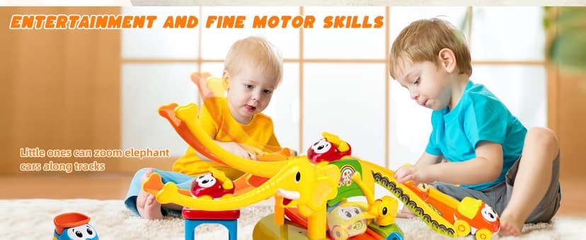 Marstone Toddler Toys for 1 2 Year Old Boys and Girls Gifts: Educational Elephant Slide with 4 Animal Cars Toys for Baby 12-18 Months, First Birthday Present Learning Push Truck Track Ages 1-2