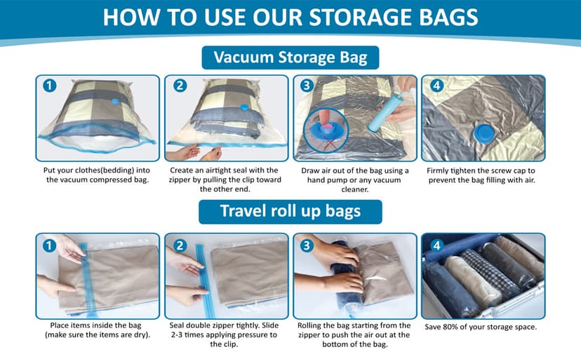 20 Pack Vacuum Storage Bags, Space Saver Bags (4 Jumbo/4 Large/4 Medium/4 Small/4 Roll) Compression for Comforters and Blankets, Sealer Clothes Storage, Hand Pump Included