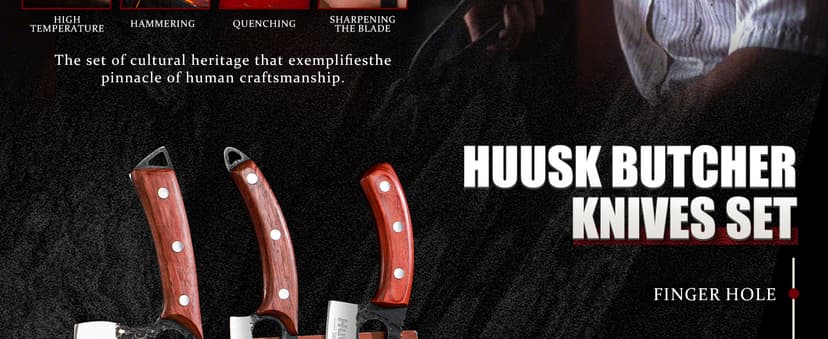 Huusk Butcher Knife Set Hand Forged Serbian Chef Knife Viking Boning Knife Cleaver Knife 3PCS Kitchen Knife Set for Meat Cutting Home & Outdoor Cooking BBQ Knives Gift for Men