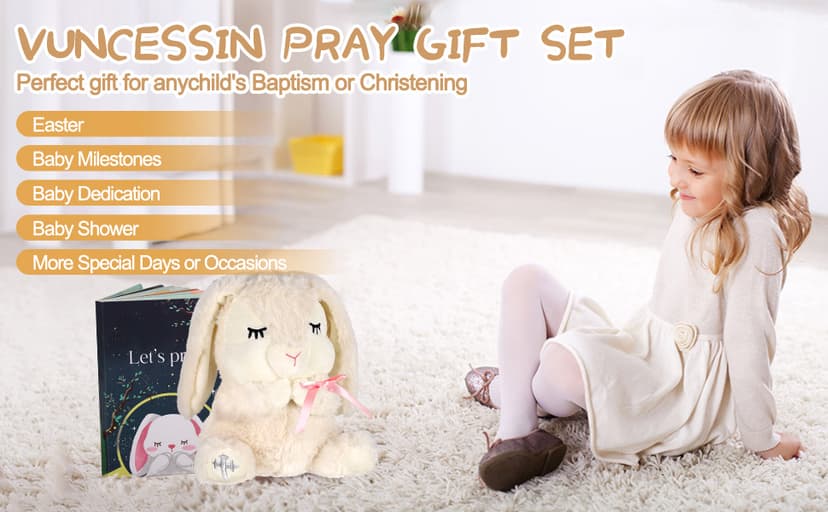 Baptism Gifts for Girls, Baby Dedication Gift, Christening Gifts for Baby Girls, Baptism Gifts Set Include 7'' Plush Bunny and Let's Pray Book in Keepsake Box.