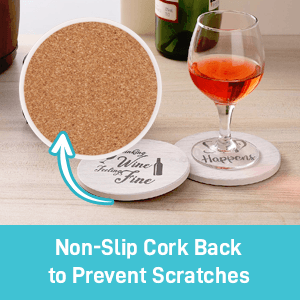 Coasters for Drinks Absorbents with Holder - 6 Pcs Gift Set with 6 Funny Sayings for Wine Lovers - Ceramic Stone with Corked Back, Unique Present for Housewarming, Living Room Decor