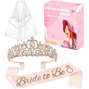 JETKONG 3 Pcs Bachelorette Party Decorations Bridal Shower Crown, Bride to Be Sash&Veil for Women Bachelorette Party Gifts, Bachelorette Party Supplies, Gifts, Favors (Rose Gold)