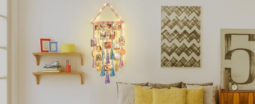 Homecor Hanging Photo Display Wall Decor, Macrame Wall Hanging Boho Room Bedroom Decor, Picture Frame Collage Board with Light 30 Clip, Christmas Teenage Teen Girl Gifts Ages 10 11 12 13 14 Years Old