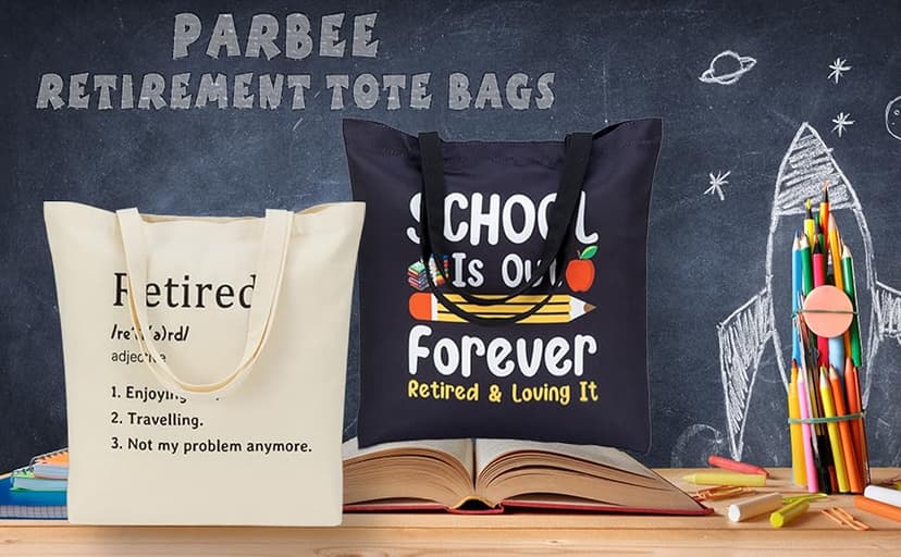 PARBEE Tote Bag, Large Black Canvas Bag with Pocket, Funny Retirement Gift for Teachers, Reusable, Machine Washable, Tote Bag for Retired Teachers, Unisex