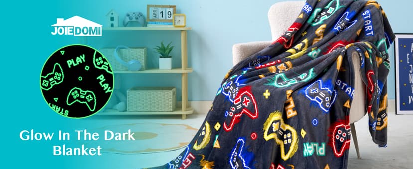 Joiedomi Glow in The Dark Gaming Blanket Gamer Gifts for Boys Age 2 3 4 5 6 7 8 9 10 11 12 Year Old, Soft Cozy Flannel Kids Throw Blanket, Birthday Bedroom Decor Grey 50"×60"