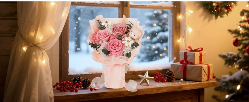 Preserved Flowers Bouquet with Bear, 3 Real Forever Flowers for Delivery, Long-Lasting Pink Eteranl Roses Bouquet Birthday Gifts for Women, Mother, Wife, Her