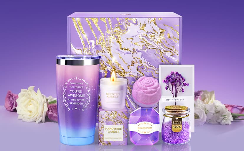 Birthday Gifts for Women, Thank You Gifts for Mom, Gifts for Wife, Girlfriend, Sister, Gift Set Idea for Her Christmas - Purple Gift Basket with 20 Oz Novelty Drinking Glasses