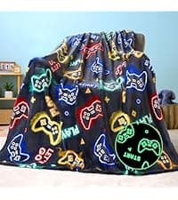 Joiedomi Glow in The Dark Gaming Blanket Gamer Gifts for Boys Age 2 3 4 5 6 7 8 9 10 11 12 Year Old, Soft Cozy Flannel Kids Throw Blanket, Birthday Bedroom Decor Grey 50"×60"