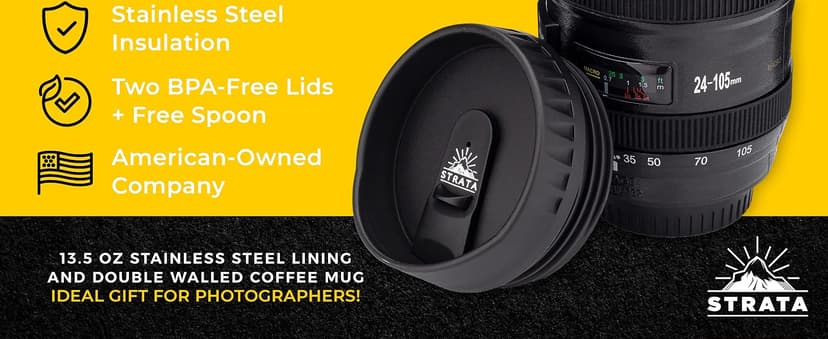 STRATA CUPS Camera Lens Coffee Mug -13.5oz | (2 LIDS + SPOON + BAG) Gift for Him, Dad Gifts, Photography, Camera accessories, Novelty Gifts