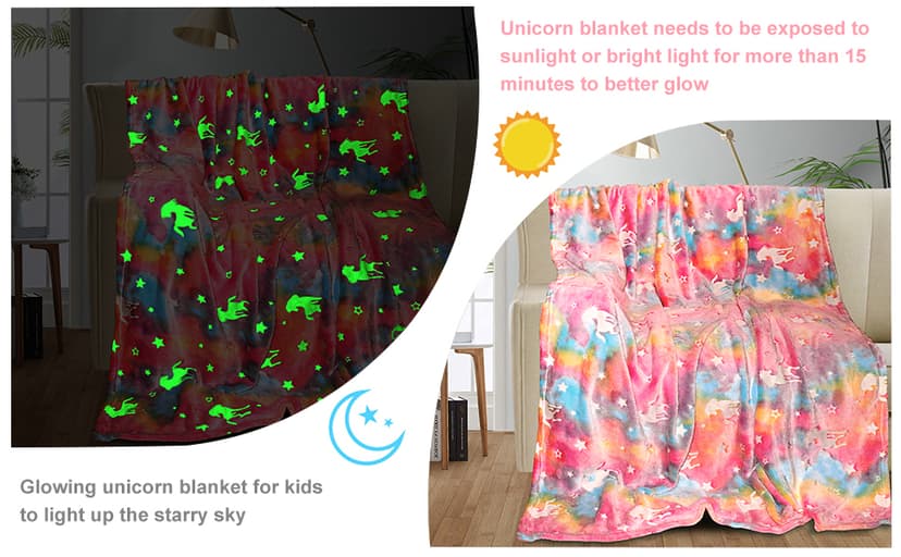 TEHALK Unicorn Glow in The Dark Blanket, Unicorn Blanket for Girls/Kids, Unicorns Gifts for Girls Age 3-12, Toddler Blanket for Kids, Soft Fleece Blanket Throw Birthday Gift 40"x60"