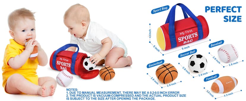 KMUYSL Baby Toys 0-12 Months, My First Sports Bag Plush Toy - 4 Sensory Balls Soft Toys with Crinkle, Rattles for 0-3-6-9-12 Month Newborn Infant, 1st Birthday for Babies Boys Girls Age 1