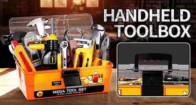 Deejoy Tool Set with Tool Box & Electronic Toy Drill, Pretend Play Kids Construction Kits for Kids Ages 3-5 Years Old, Toddler Boy Toys(Orange)