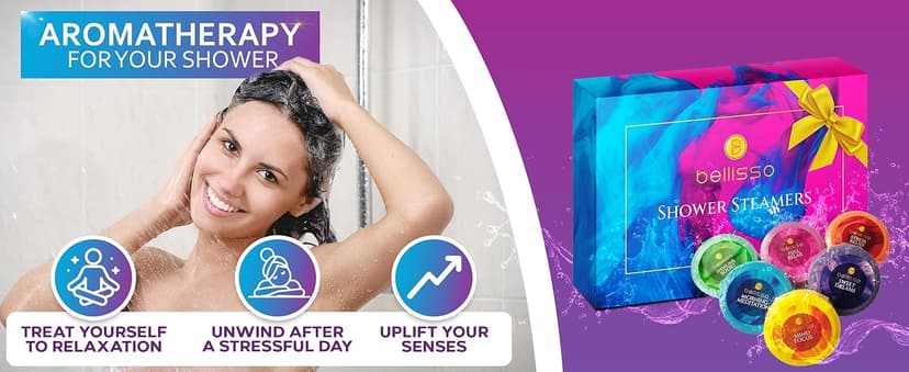 Aromatherapy Shower Steamers Gift Set, Six Fizzies - Uplifting, Relaxing, Stress Relief Scents for Women and Men - Self Care Home Spa Experience - Christmas Day Stocking Stuffers and Relaxation Gifts