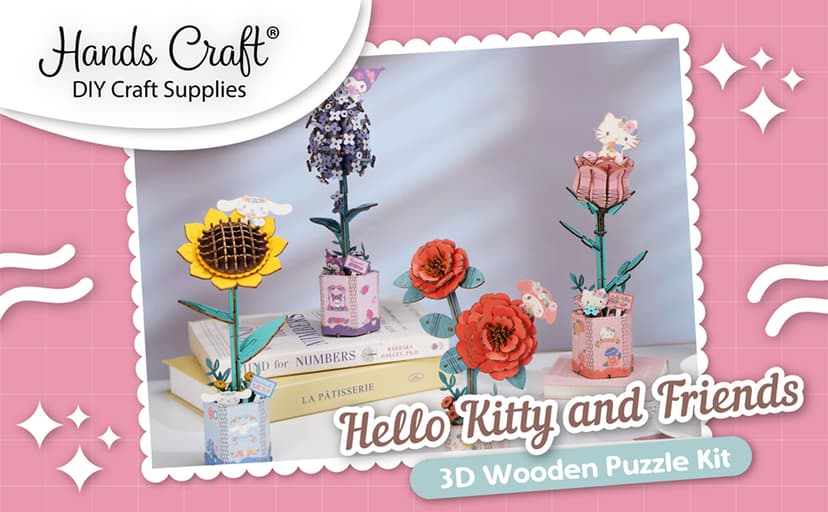 Hands Craft Hello Kitty and Friends Pink Rose 3D Wooden Puzzle Kit | DIY Flower Model | Arts & Crafts for Adults & Kids | Creative Hobby Kits | Hello Kitty Collectible | Wood Building Set