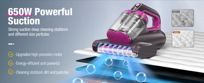 Mattress Vacuum Cleaner, 17Kpa 650W Bed Vacuum Cleaner, 273nm UV-C Light & Ultrasonic 145°F Heating, 80000 RPM/Min Brushroll Rotation, Wide Suction Port for Pillows Cribs Sofa, Black Corded
