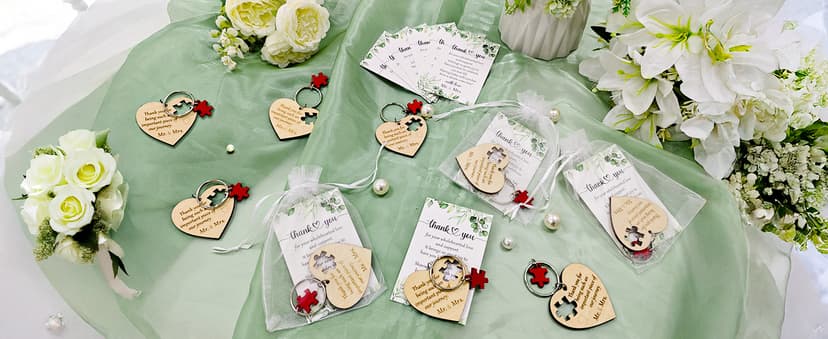 AerWo 50 Sets Wedding Favors for Guests, Wedding Party Favors with Rustic Wood Heart Puzzle Keychains Thank You Cards and Organza Bags, Wedding Gifts for Guests Wedding Bridal Shower Thank You Gifts