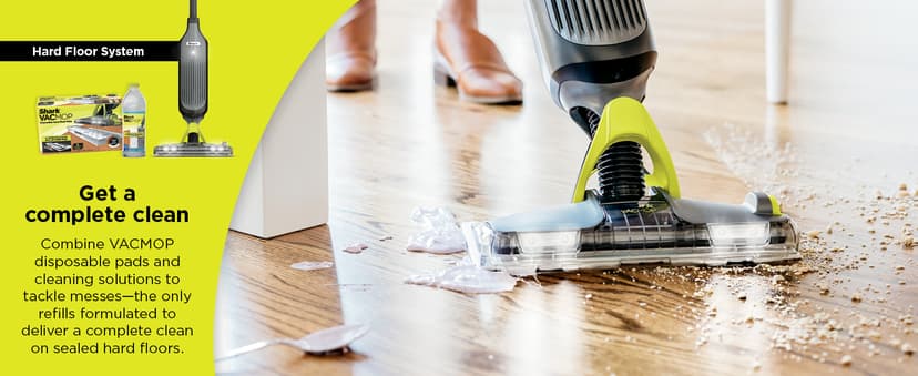 Shark VACMOP Cordless Hard Floor Cleaner, Vacuum and Spray Mop, Powerful Suction, Lightweight, LED Headlights, Includes 4 Disposable Pads, 12oz Multi-surface Cleaning Solution, Gray, VM252