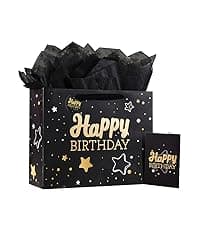 Black Birthday Gift Bag with Tissue Paper and Greeting Card, 13'x10.2'x4.9', Medium (1-Piece Set, Black Starry Sky, Unisex, Includes Card, Ribbon, Crinkle Paper)