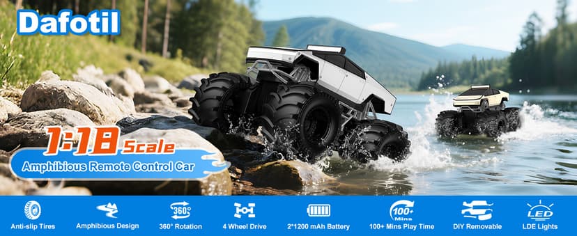 Amphibious Remote Control Car, 1:18 Monster Truck Toys for Boys RC Cars, 2.4 GHz Waterproof RC Trucks, 4WD All Terrain Off-Road Pickup, Kids Christmas Birthday Gifts Present Boys Girls Toys Ages 6+