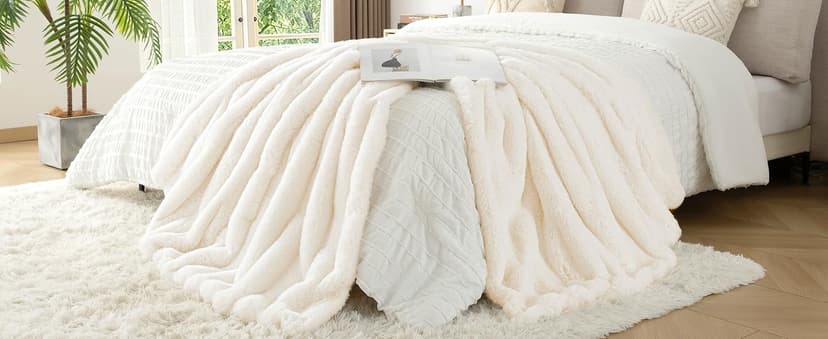 Touchat Luxury Faux Rabbit Fur Throw Blanket for Couch, Super Heavy Warm Cozy Fuzzy Blanket for Sofa Bedroom Living Room, Ultra Soft Fluffy Reversible Plush Blanket for Home Decor Gifts,Cream White