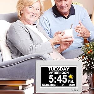 SSYA Digital Calendar Alarm Clock - Dementia Clocks for Seniors, Non-Abbreviated Memory Loss Clock with Date and Time for Elderly (White)