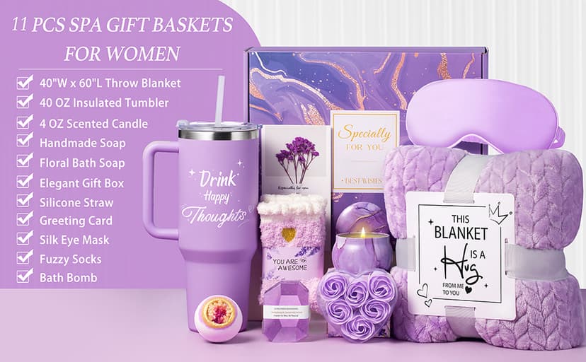 Birthday Gifts for Women Self Care Gifts Get Well Soon Gifts, Happy Birthday Spa Gift Baskets w/Flannel Blanket 40 OZ Tumbler Care Package for Mom Wife Sister Best Friend Her Daughter