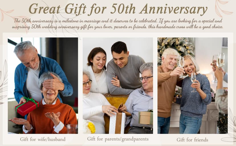 YWHL 50th Wedding Anniversary Religious Cross Gifts for Women Men, 50 Year Anniversary Romantic Gift for Him Her, Laser Engraved Glass Standing Cross Keepsake for Couple, 50 Years of Marriage Present