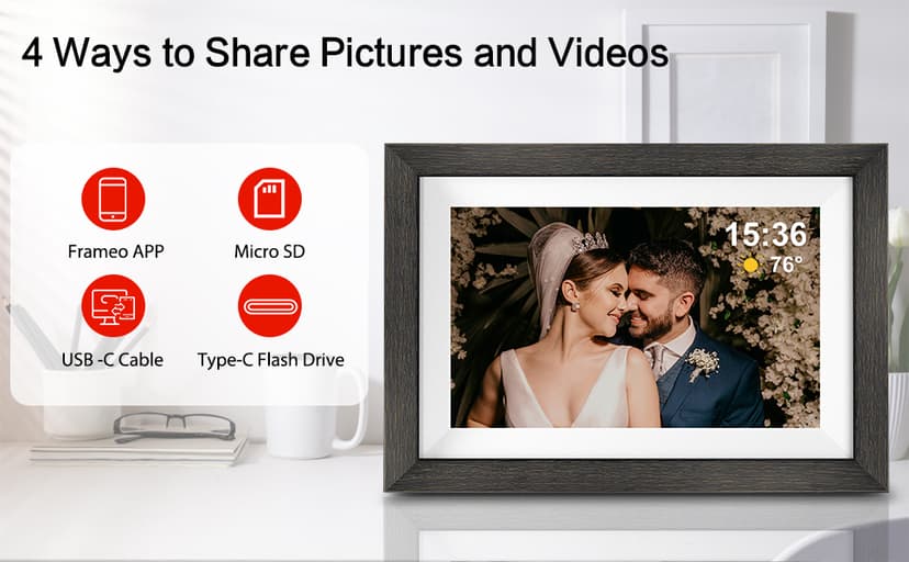Frameo 10.1 inch Digital Picture Frame WiFi Smart Digital Photo Frame Wood IPS HD 1280 * 800 1080P Touch Screen Auto-Rotate Easy Setup to use Free Share Photos and Videos Gift for mon Father Women