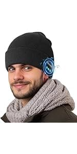 Bluetooth Beanie with Light, Headlamp Hat with Headphones and Built-in Speaker Mic, Unique Christmas Gifts for Men Husband