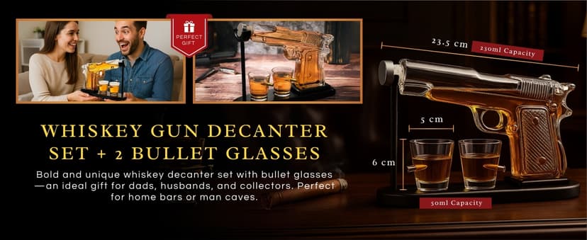 Gifts for Men Dad, 10.1 Oz Whiskey Gun Decanter Set + 2 Bullet Glasses - Unique Birthday Pistol Gift Ideas Daughter Son, Personalized Liquor Dispenser - Scotch Bourbon Vodka, Him, Brother Husband