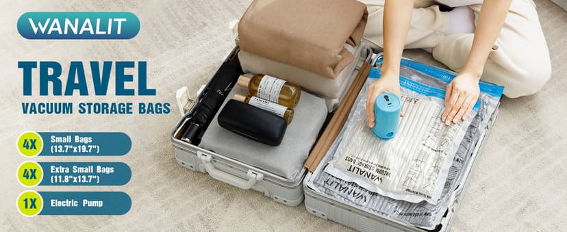 Vacuum Storage Bags for Travel, 8 Pack (4S+4XS) Vacuum Seal Bags with Wireless Rechargeable Electric Pump, Travel Essentials Space Saving Compression Bag for Clothes, Luggage, Suitcase, Backpack, Trip